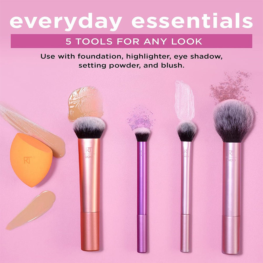 Real Techniques Everyday Essentials Brush Kit, 400 Blush Brush, 300 Deluxe Crease Brush, 402 Setting Brush, 200 Expert Face Brush, Sponge