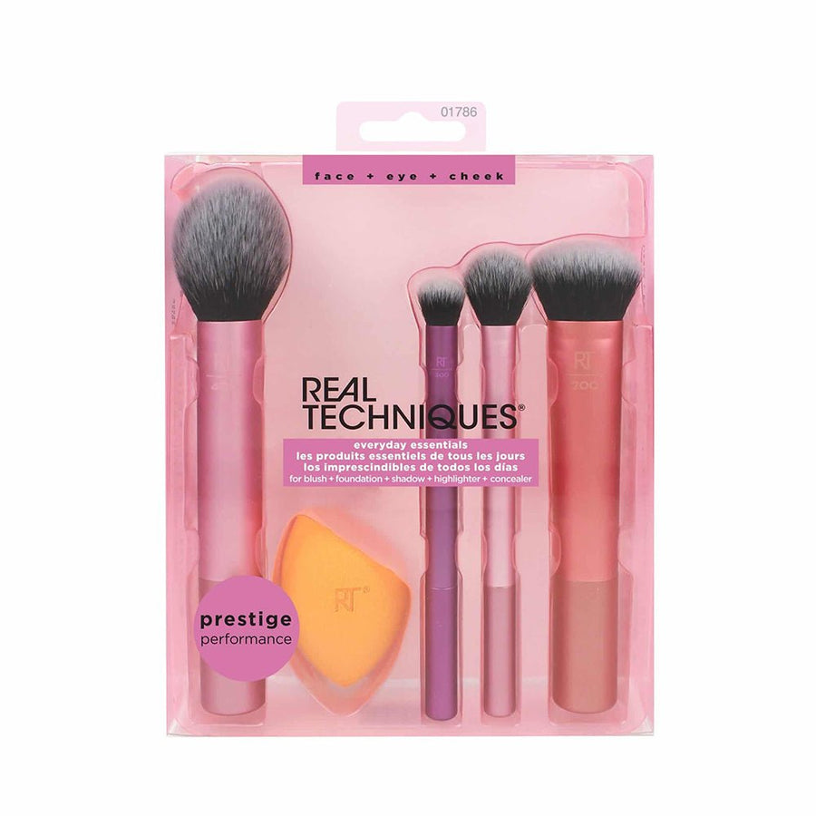 Real Techniques Everyday Essentials Brush Kit, 400 Blush Brush, 300 Deluxe Crease Brush, 402 Setting Brush, 200 Expert Face Brush, Sponge