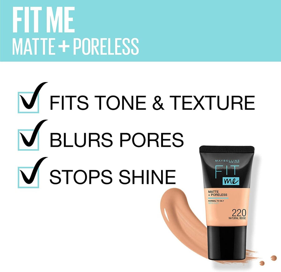 Maybelline Fit Me! Matte + Poreless Foundation 18ml, Ultra-Blendable Liquid, Natural Matte Finish