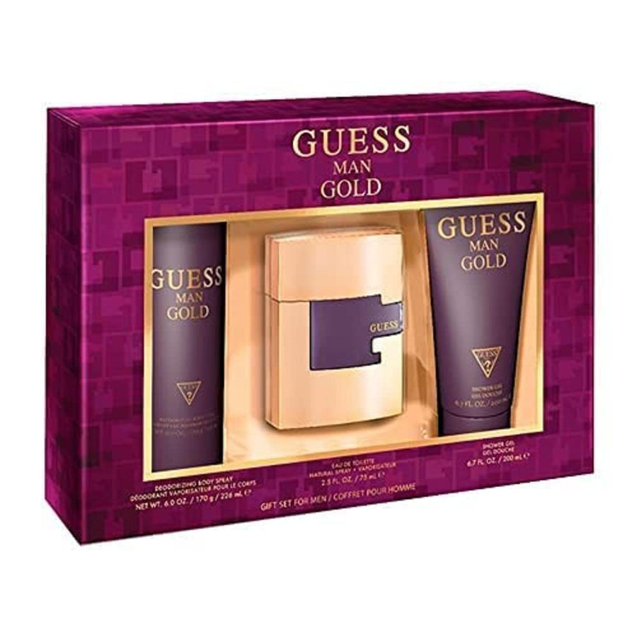 Guess Gold Men 100ml Perfume Gift Set 3.4oz 100ml EAU DE TOILETTE SPRAY with Shower Gel and Body Spray