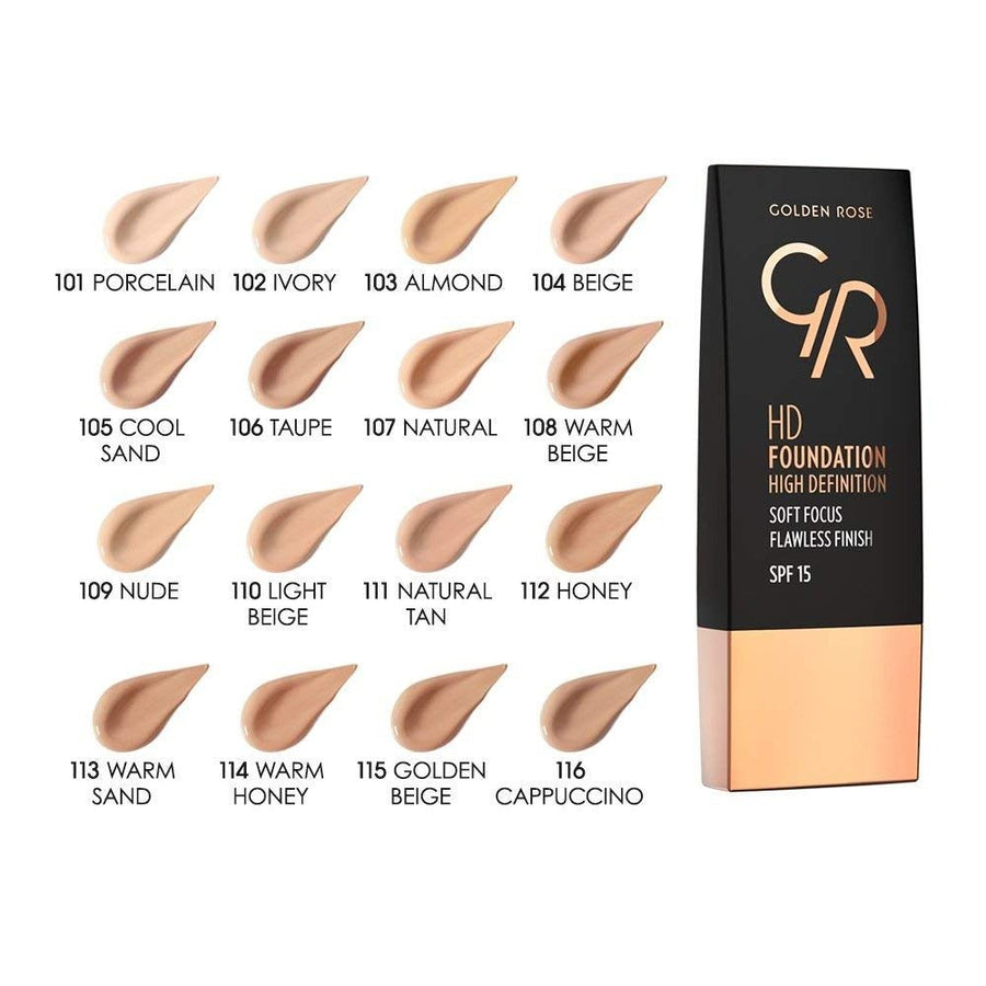 Golden Rose HD Foundation High Definition Creamy, Moisture Rich, Oil Free Formula, Medium Coverage, Even Skin Tone