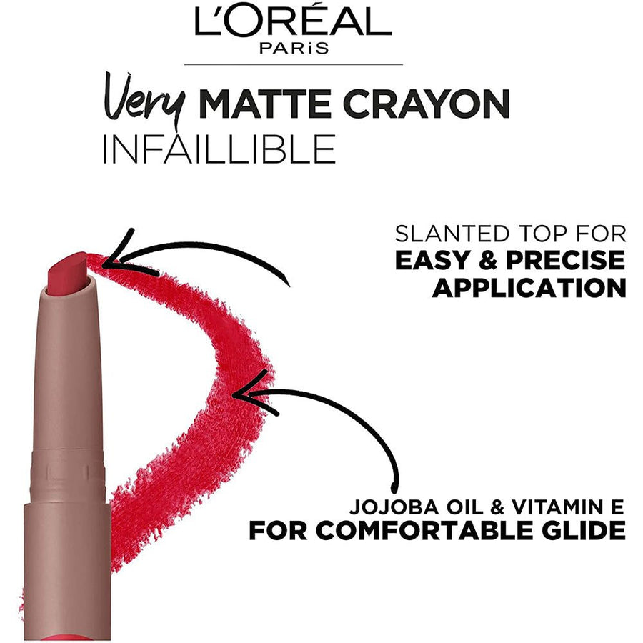 L'Oreal Paris Infallible Very Matte Lip Crayon Lipstick 1.3g, Jojoba Oil, Vitamin E, Matte Finish