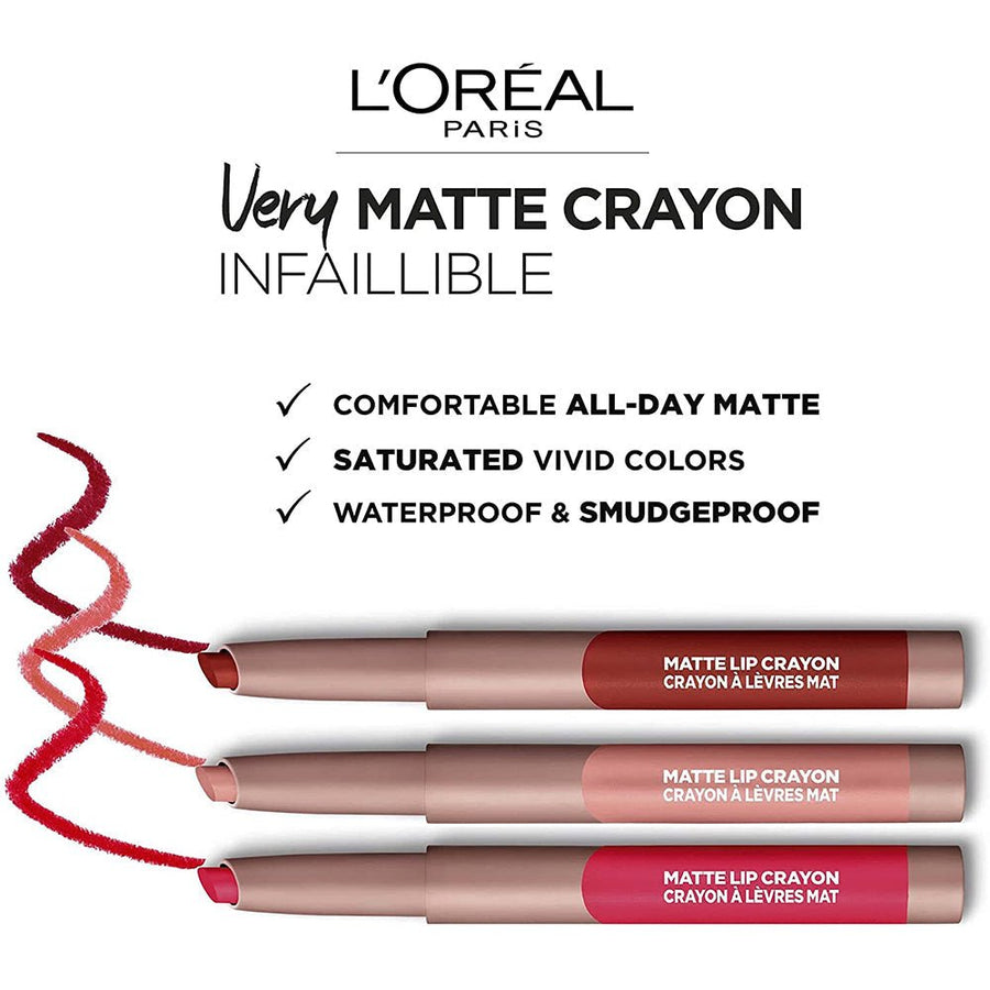 L'Oreal Paris Infallible Very Matte Lip Crayon Lipstick 1.3g, Jojoba Oil, Vitamin E, Matte Finish