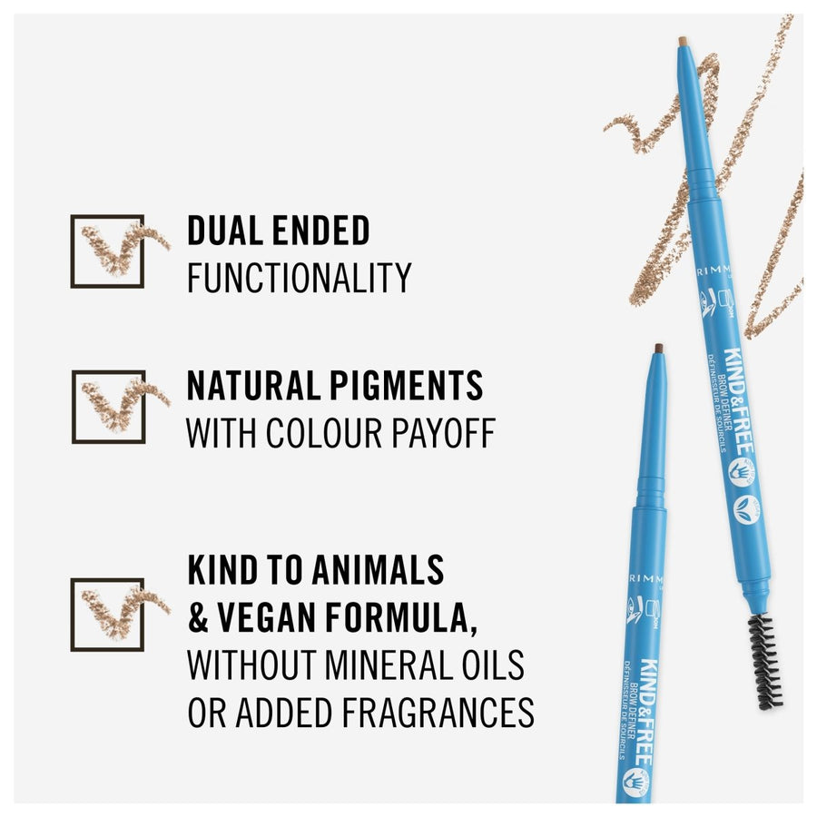 Rimmel Kind & Free Brow Definer 0.09g, Dual-Ended, Defined, Ultra-Fine Brow Strokes #color_002 Warm Brown