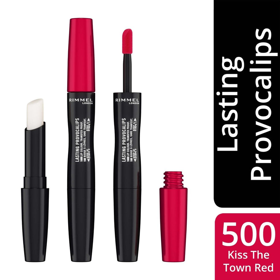 Rimmel Lasting Provocalips 16HR Lip Colour 2 Step 2.3ml, Transfer Proof Colour, Shine, and Hydration #color_500 Kiss the town red