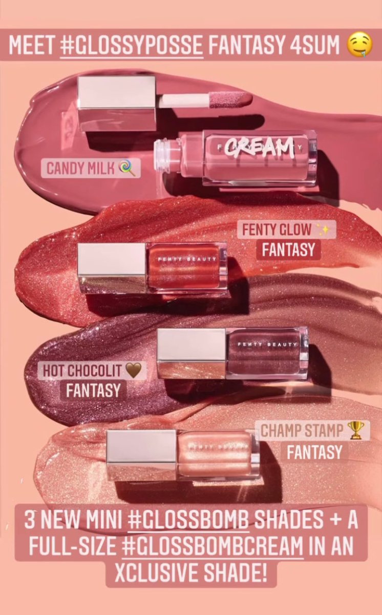 Fenty Beauty Posse Fantasy 4Sum Gloss Bomb Lipgloss Set, Candy Milk, Fenty Glow Fantasy, Hot Chocolate Fantasy, and Champ Stamp Fantasy