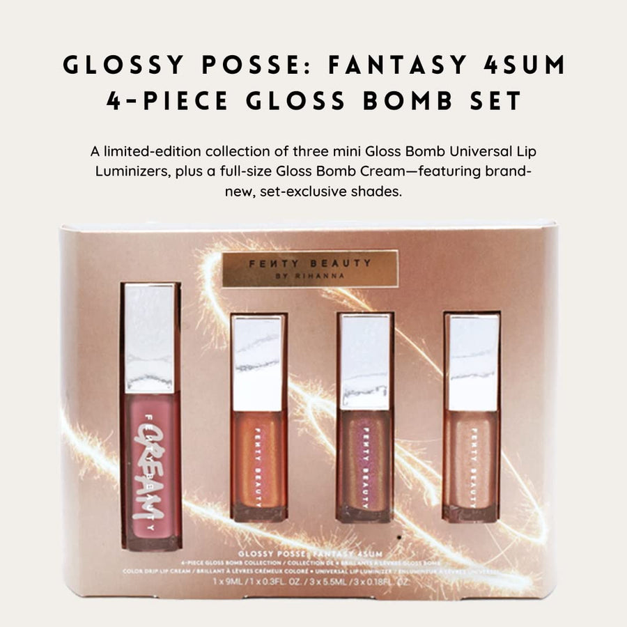 Fenty Beauty Posse Fantasy 4Sum Gloss Bomb Lipgloss Set, Candy Milk, Fenty Glow Fantasy, Hot Chocolate Fantasy, and Champ Stamp Fantasy