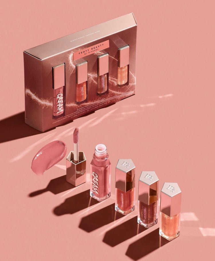 Fenty Beauty Posse Fantasy 4Sum Gloss Bomb Lipgloss Set, Candy Milk, Fenty Glow Fantasy, Hot Chocolate Fantasy, and Champ Stamp Fantasy