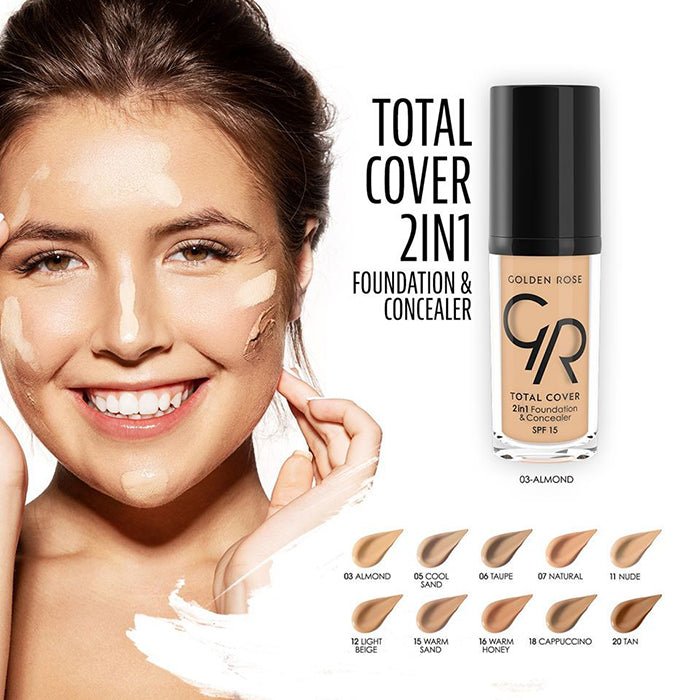 Golden Rose Total Cover 2 In 1 Foundation & Concealer Oil Free, Lightweight Formula, Buildable, Full-Coverage