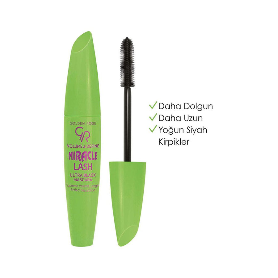 Golden Rose Volume & Define Miracle Lash Ultra Black Mascara 0.31oz 9.3ml Black, Flexible Brush, No Clumps, Lengthening