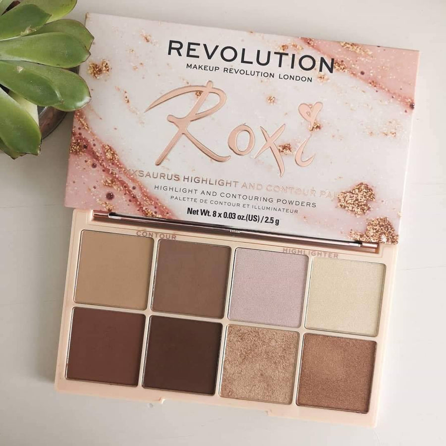 Revolution X Roxxsaurus Highlight & Contour Palette 8x2.5g, Icy White, Warm Bronze, Golden Bronze, Champagne Gold